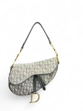 Dior Beige & Gray Monogram Saddle Shoulder Bag with Gold Hardware